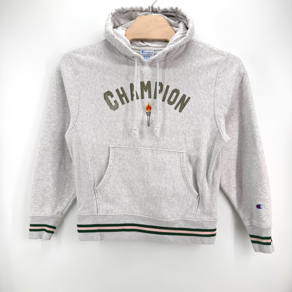 Champion Reverse Weave Hoodie Size M Cotton Blend Gray Graphic Streetwear Mens